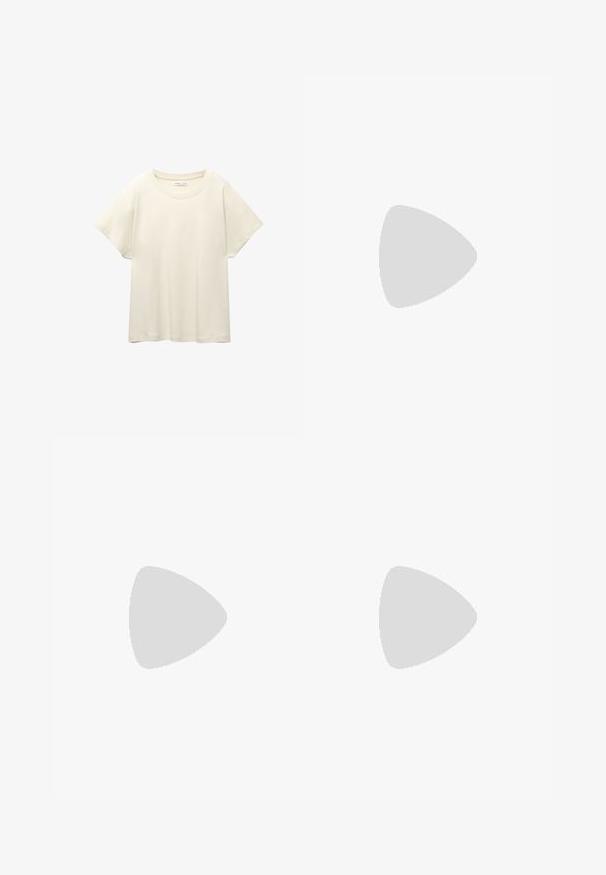 Vaaleanbeige lyhythihainen t-paita, jossa on pyöreä kaula-aukko, valmistettu pehmeästä ja sileästä kankaasta. Ominaisuuksina rento mitta ja suora helma.; Ruskeat leveälahkeiset housut, joissa on sileä pinta, korkea vyötärö ja etupleat. Kangas on kevyttä ja laskeutuu väljänä.; Kirkas beigenvärinen lakattu nahkakorkokengät, joissa on terävä nenä, matalat leikkaukset sivuilla ja hoikka korko. Sileä pinta kiiltävällä viimeistelyllä.; Ruskean nahkainen olkalaukku, jossa on kaareva muoto, kultaiset yksityiskohdat ja solkiyksityiskohta. Varustettu irrotettavalla olkahihnalla.