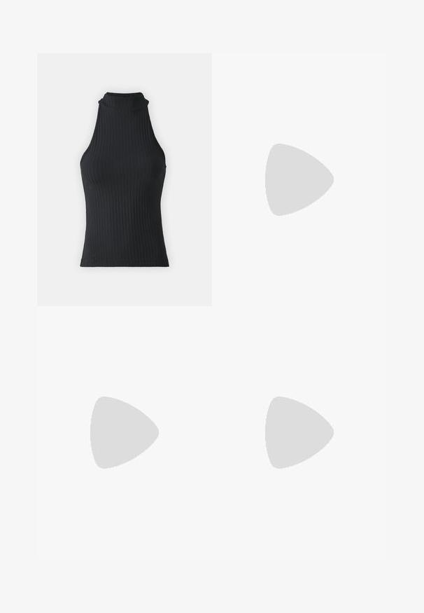 Haut sans manches noir à col montant, avec une coupe ajustée et un tissu extensible, présentant une texture subtile et des bords ourlés.; Jupe en denim noir avec cinq poches, fermeture à bouton en métal et coutures orange contrastantes. Présente une coupe droite et un minimum d'effilochage.; Baskets avec une tige en cuir blanc, un bout en daim gris et trois bandes noires. Présente un logo bleu sur la languette et une semelle en caoutchouc texturée.; Lunettes de soleil noires en forme carrée avec des verres sombres, une monture en plastique épaisse et des tempes élégantes. Présente un marquage subtil sur le côté.; Sac à main en simili-crocodile noir avec un design structuré, des ferrures dorées, une poignée supérieure et un système de fermeture à rabat magnétique.