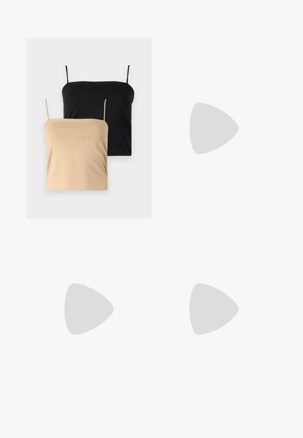 Duas blusas de alças, uma em preto e outra em bege. Feitas de um material macio e elástico com finas alças de espaguete e um corte ajustado.; Saia lápis branca em renda com padrões florais, silhueta ajustada e bainha em forma de escalope para um detalhe adicional. Feita de um material de renda delicada.; Botas de couro pretas até ao joelho com biqueira quadrada e salto em bloco, apresentadas com um modelo sentado num casaco verde-azeitona. Textura lisa, com detalhes mínimos.; Bolsa tote preta em couro com textura lisa, forma retangular e duas alças longas. Sem hardware ou enfeites visíveis.