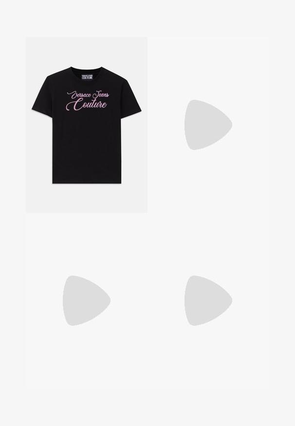 Black cotton t-shirt with short sleeves featuring pink rhinestone embellished "Versace Jeans Couture" text across the chest.; Black flared jeans made of cotton blend fabric, featuring two front pockets, double button closure, and a slight sheen on a crisp finish.; Black patent leather slingback heel with pointed toe design, featuring a cut-out section and elastic strap embossed with brand name.; Black cat-eye sunglasses with dark lenses, featuring gold geometric accents on the temples and a sleek matte finish.
