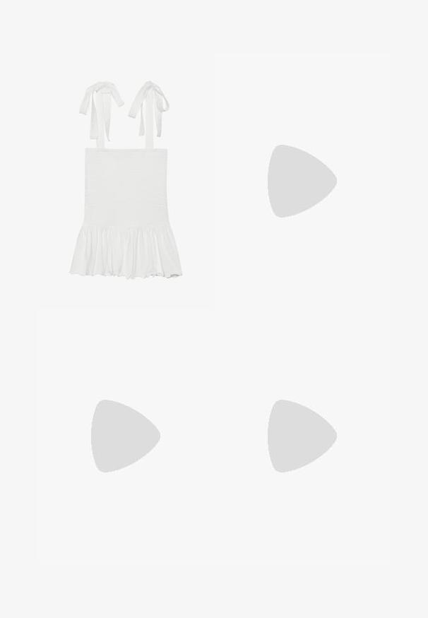 White smocked tank top with ruffled hem, featuring adjustable ties on shoulder straps. Smooth texture and lightweight fabric.; Black, knee-length skirt made of lightweight fabric with a flowy design. Features a smooth texture and subtle pleats for added detail.; Black leather shoes with a rounded toe, low profile, and lace-up design. Pairing with blue, fitted jeans and a wood floor background.; Black faux leather shoulder bag with a rectangular shape, gold hardware, a magnetic clasp, and a detachable strap. Textured surface detail.; Gold-tone rectangular wristwatch with a white dial, silver-tone hour markers, and a durable metal link bracelet. Water-resistant feature included.