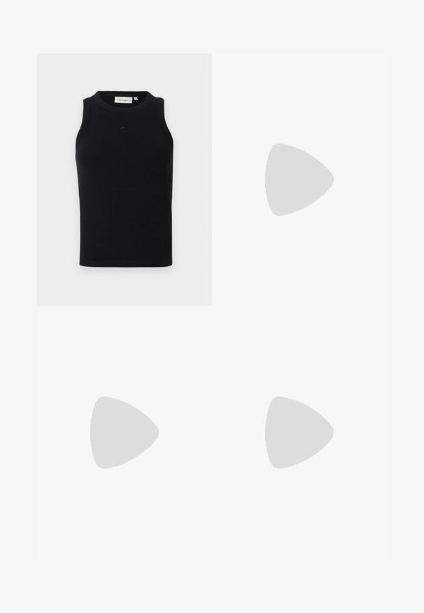 Camiseta sin mangas negra hecha de tela acanalada, con un cuello redondo y un pequeño logotipo en la parte delantera. Diseño simple y ajustado.; Pantalones cortos de patrón en blanco y negro con una textura acanalada. El diseño presenta formas abstractas y rayas. Cintura elástica para un ajuste ajustado.; Zapatilla de cuero blanco con caja de dedos perforada, suela texturizada y cordones blancos, combinada con pantalones rojos amplios y un fondo azul y amarillo.; Tres pares de gafas de sol rectangulares: una rosa, una blanca y una negra. Todas tienen lentes oscuros y un marco de plástico brillante.; Bolso hobo negro hecho de un material suave similar al cuero, con un asa retorcida, que presenta una forma suave y redondeada y un cierre superior de cremallera.; Aretes de aro de oro con un acabado suave y brillante. Diseño circular que presenta un pequeño post y un respaldo transparente para un uso seguro.