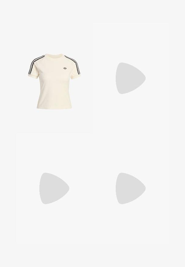 Kermakotoinen t-paita, jossa on lyhyet hihat ja mustat raidat olkapäillä sekä pieni musta logo rinnassa. Pehmeä froteekangas.; Beiget leveälahkeiset housut, joissa on joustava vyötärönauha ja kiristysnauha. Housuissa on ruskeat sivuraidat ja vasemmalla puolella hillitty logokoriste.; Kreemivärvi kuni põlveni ulatuv saabas, millel on ploki konts ja sile viimistlus, kujutatud külgprofilis lihtsal taustal.; Valkoinen kangaskassi, jossa on kerrostettu pinta, säädettävä olkahihna ja hopeiset yksityiskohdat. Esillä kermaisen värisen mekon vieressä.