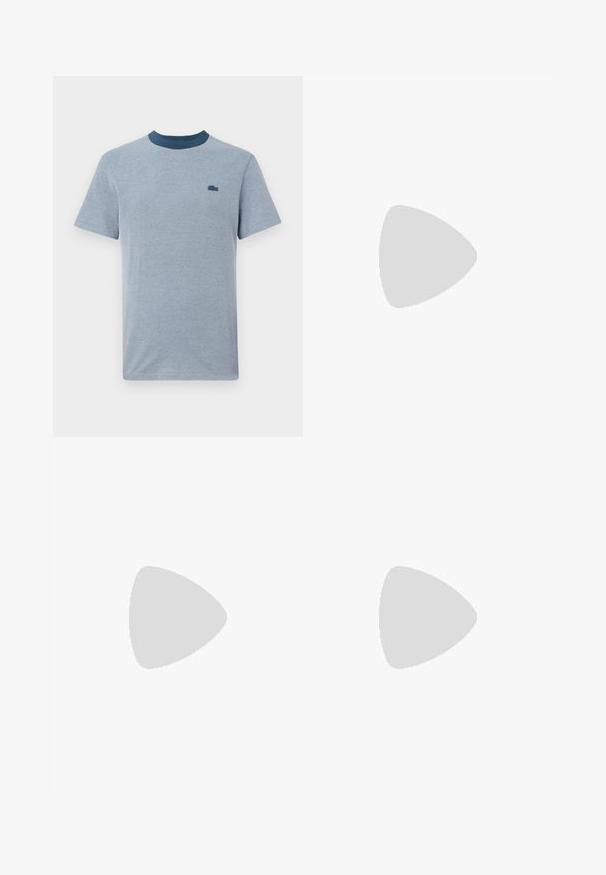 Light blue crew neck t-shirt made of textured fabric, featuring short sleeves and a darker blue ribbed collar. Lacoste logo on the chest.; TOM TAILOR JOSH SLIM - Slim fit jeans - light stone blue denim; Steve Madden BRENT - Trainers - white; Fanny pack in dark blue tie-dye print with a zippered top, textured material, and a prominent logo detail on the front.
