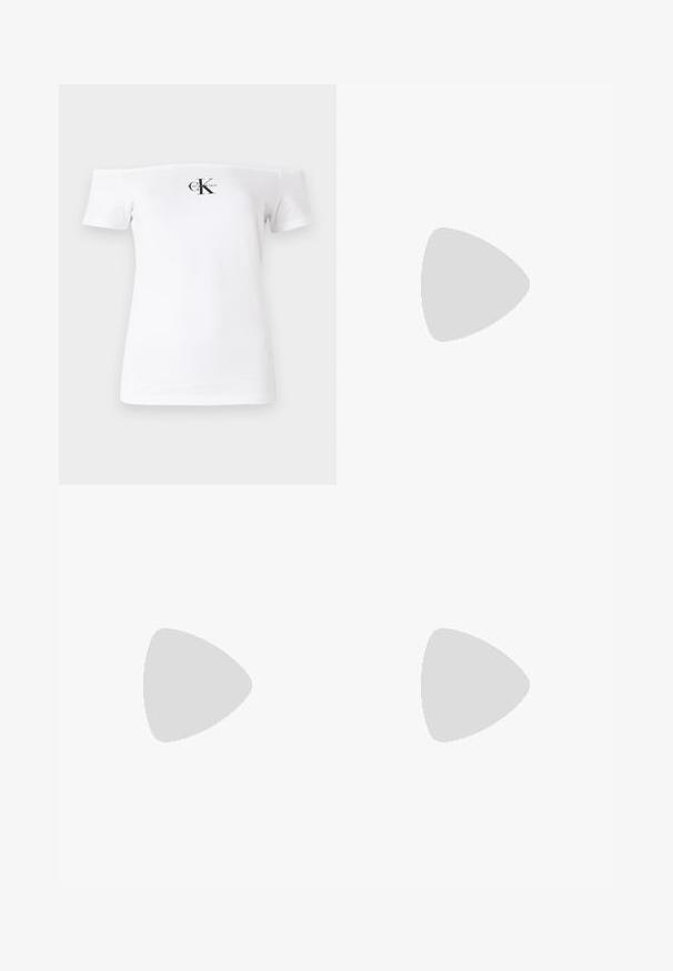 White off-the-shoulder T-shirt, short sleeves, cotton material, features black "CK" logo and text printed on the front. Smooth texture.; White wide-leg trousers made of lightweight fabric, featuring a smooth texture, clean lines, and a high waist design.; Black leather and suede sneakers with white rubber soles. Features tonal laces and gold logo detailing on the side. Flat design.; Black handbag with dual short handles and a removable shoulder strap. Smooth leather-like material with a zip closure and logo detail.