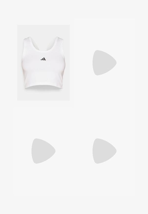 Valkoinen crop-top pehmeästä kankaasta, jossa on pyöreä kaula-aukko ja musta Adidas-logo edessä. Sileä rakenne, hihaton muotoilu.; Vaaleansiniset juoksushortsit, joissa on hienovarainen leopardikuosi, joustava vyötärönauha ja kolme valkoista raitaa kummallakin puolella.; Valkoinen urheilukenkä, jossa on mustat viistot raidat, verkkosukka, pyöreä kärki ja teksturoitu pohja. Koristeina ovat hopeinen kantapää ja minimalistinen muotoilu.; Urheilulasit mustalla muovikehyksellä, kirkkailla linsseillä ja kumisella nenätyynyllä. Muotoilu on kulmikas ja temppeleissä on tekstuuri, joka parantaa otetta.