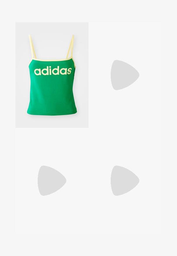 Zelené tílko s žlutými akcenty, vyrobené z elastického materiálu. Na přední straně se nachází velké žluté logo "adidas" a tenké ramínka.; Zelené sportovní šortky s bílými vertikálními pruhy, elastickým pasem a žlutými bočními akcenty. Obsahují malé zlaté logo na dolní levé straně.; Zelené semišové tenisky s bílými pruhy. Mají kulaté tkaničky, strukturovaný jazyk a kruhové logo na jazyku.; Kočičí brýle s oválnými rámy, průhlednými čočkami a zlatými akcenty. Mají zakřivené nožičky a hladký, lesklý povrch.
