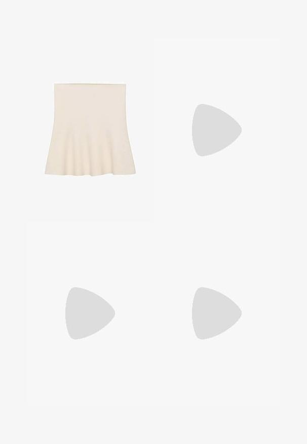 Flared skater skirt in cream, made from soft fabric. Features a smooth texture and a gathered design at the hem, creating subtle movement.; Beige wide-leg trousers made of smooth fabric, featuring a high waist with three horizontal bands, and front pleats.; Woven straw ballet flat with a rounded toe, light tan color, black trim, textured surface, and minimalistic design.; Black cat-eye sunglasses with dark lenses, plastic frame, slim temples, and subtle branding on the inner arm. Matte finish texture.