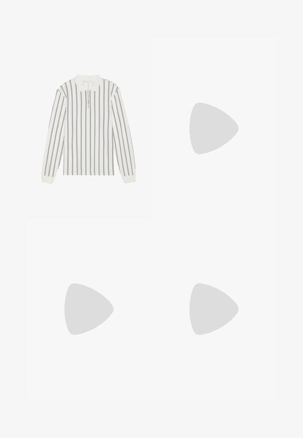 Balta ilga rankovė marškiniai su tamsiai mėlynomis vertikaliomis juostomis, apykaklės iškirpte ir priekyje esančiu užtrauktuku. Pagaminti iš lengvos medžiagos su lygiu paviršium.; Juoda pritaikyta kelnė su tiesiu kirpimu, su priekiniu mygtukų užsegimu ir diržo kilpomis, pagaminta iš lygaus, lengvo audinio.; Juodos odinės Chelsea botai su elastingais šonų įdėklais, traukimo kilpomis, suapvalintu pirštu ir tekstūruotu guminio pado paviršiumi. Lygus paviršius ir tvirtas dizainas.; Ruda odinė nešiojamojo kompiuterio rankinė su tekstūruota paviršiumi, dviem viršutiniais rankenomis, reguliuojama juosta ir dviem priekiniais sagtimis papildomam akcentui.