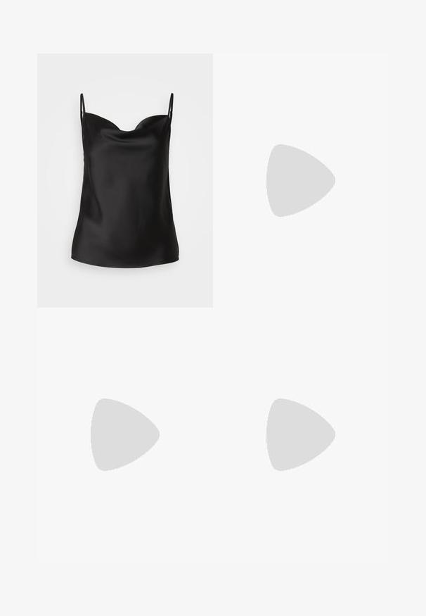 Svart satin camisole med dyp utringning, tynne stropper og en glatt, blank tekstur. Enkel, klassisk design uten utsmykninger.; Svart, flytende midi-skjørt laget av mykt stoff. Har en glatt midjebånd og en lett utsvingt kant med en elegant silhuett.; Svarte lær høyhælte sandaler med firkantet tå, ankelrem med gullspenne, og en slank metallhæl. Glatt tekstur, minimalistisk design.; Svart lær clutchveske med rektangulær form, glatt tekstur, tynn skulderstropp og minimalistisk design.