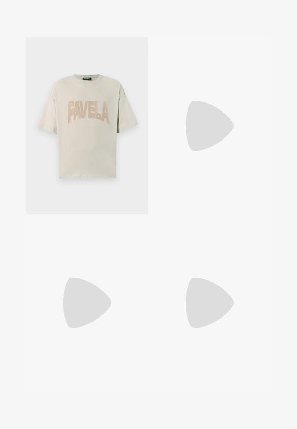 Vaaleanbeige puuvillapaita, jossa on lyhyet hihat ja pyöreä pääntie. Edessä on sana "FAVELA" erottuvalla vaaleanruskealla tukkifontilla.; Beige-shortsit, joissa on joustava vyötärö ja musta säädettävä vyö. Valmistettu kevyestä kankaasta, yksinkertainen muotoilu ja suora leikkaus.; Kevyt lenkkari, jossa on verkko- ja mokkanahkapinta pehmeissä kerman sävyissä, chunky-pohja ja kolmiulotteiset yksityiskohdat.; Kilpikonnakuosisia aurinkolaseja, joissa on vihreät linssit, geometrinen kehys, metalliset varret ja kumiset yksityiskohdat temppeleissä.