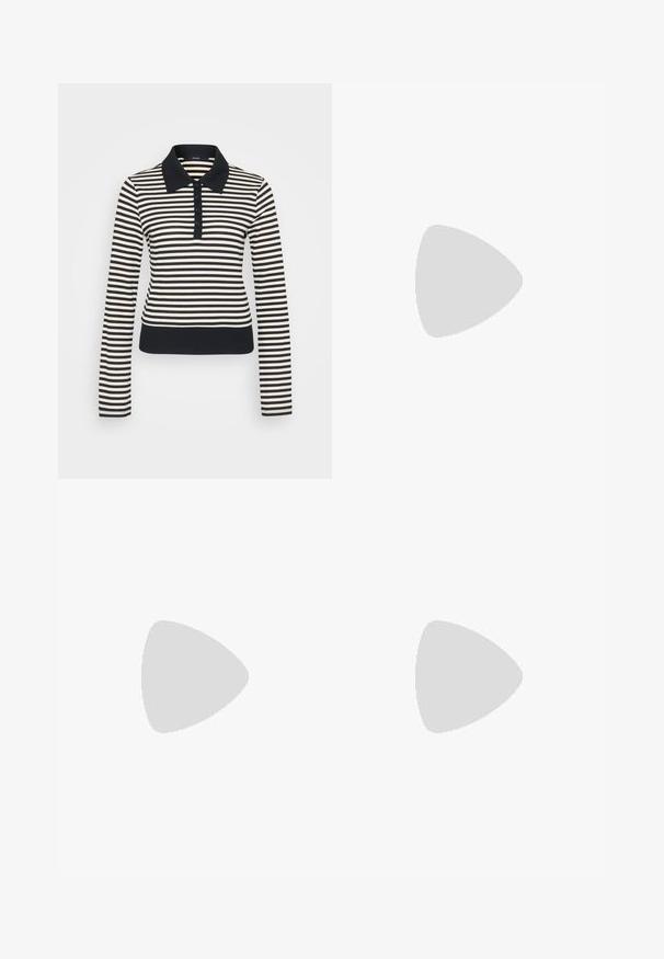 Striped long-sleeve polo shirt in cream and navy, featuring a collared neckline, button placket, and ribbed cuffs and hem.; Light blue denim jeans with a wide-leg design, featuring a button closure, five pockets, and subtle stitching details.; Black strappy sandal with a square toe and a low block heel. Features multiple thin straps and an adjustable ankle strap. Made of smooth leather.; Black leather crossbody bag featuring a smooth texture, rectangular shape, and a metallic chain detail on the front. Adjustable strap included.