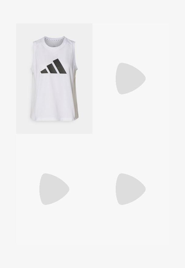 Fehér ujjatlan sportpóló kerek nyakkivágással, amelyen elöl egy nagy fekete Adidas-logo található, amely három csíkból áll.; Kék sportnadrág, rugalmas, lélegző anyagból készült. Magas derék és varrat nélküli dizájn jellemzi, ami ideális a kényelem és a mozgás szempontjából.; Fehér sportcipő fekete átlós csíkokkal, hálós felsőrésszel, lekerekített orral és texturált talppal. A kiegészítők között szerepel egy ezüst sarok és minimalista dizájn.; Kék árnyalatú, sportos kialakítású, körbeíró napszemüveg egy texturált fekete tokon, melyen fémes logó akcentus található.