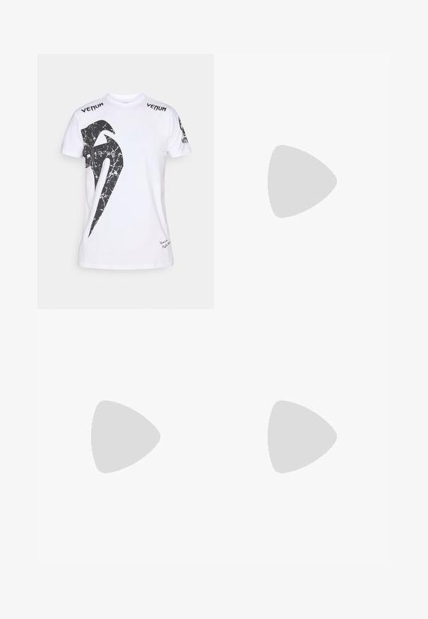 Hvid bomulds T-shirt med et stort sort marmorstruktureret logodesign på forsiden og "Venum" branding på skuldrene.; Sorte joggers lavet af blødt stof, med mesh-detaljer, snor i taljen og gule grafik, herunder et logo og målerdesign.; Høj-top atletisk sko med en sort mesh-yderside og beige accenter. Tekstureret gummisål og detaljeret logo på siden.; Sort boksehandsker med en glat tekstur, udstyret med et hvidt venom-logo og justerbar velcro-rem for et sikkert fit.