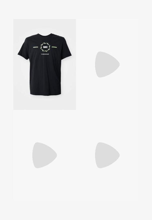 T-shirt preto da Nike com um círculo em verde claro à volta da palavra "NIKE" e o texto "Engineered Sportswear" com pequenas letras abaixo.; Jeans cinza escuro feitos de denim, apresentando um design de perna reta, cinco bolsos e um fecho de botão clássico na cintura.; Tenis Nike Air Force 1 pretos com parte superior em couro liso, detalhe do logo branco, bico perfurado e sola em borracha texturizada.; Colar de corrente de metal prateado com grossos elos entrelaçados, textura polida e um pequeno fecho com detalhe de marca.