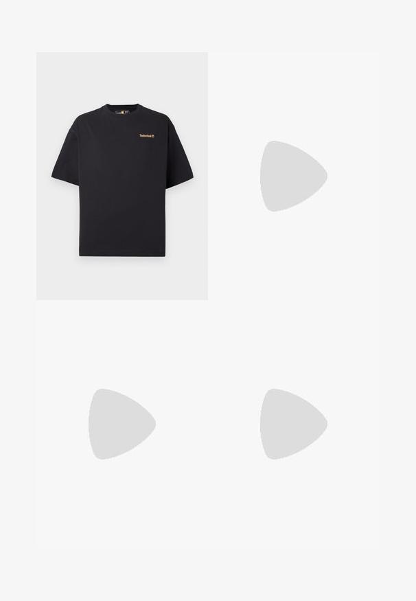 Black short-sleeve crew neck Timberland T-shirt with small tan logo on the upper left chest, displayed on a white background.; Khaki shorts made of cotton with a rough texture, featuring two front pockets and a button closure at the waist.; Black running shoes featuring a smooth synthetic upper, perforated accents, textured side panels, and a distinct springy sole.; Black quilted shoulder bag with a soft texture, worn by a person in a white graphic T-shirt with bold text. Casual outfit with denim.