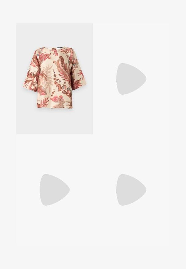 Floral-patterned blouse in light beige, featuring pink and brown leaf designs, short sleeves, and a round neckline with a back closure.; Wide-leg trousers in a light beige fabric, featuring a floral pattern in pink, red, and blue shades, with an elastic waistband.; Black leather slingback shoe with a pointed toe, featuring a woven accent and pleated upper design. Flat sole with minimal hardware.; Brown leather handbag with a textured finish, angular design, and a distinctive top handle. Features a patterned woven strap detail.