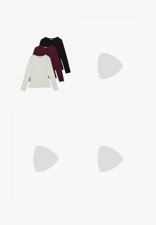 Long-sleeve t-shirts in white, burgundy, and black. Made of soft fabric with a round neckline and fitted design. Suitable for layering.; Black wide-leg pants featuring a textured fabric, an elastic waistband, and a detachable sash tie at the waist for adjustable fit.; Black leather pump with a pointed toe and a low block heel. Features an ankle strap with a gold-tone buckle. Smooth texture.; Black handbag with structured shape, smooth texture, and a metallic clasp. Paired with wide black pants and open-toe sandals on wooden floor.