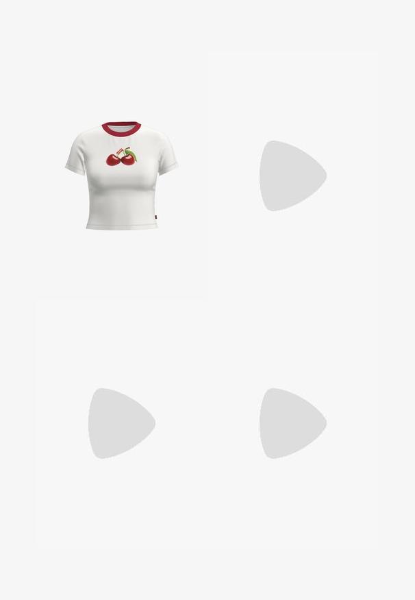 Witte T-shirt met korte mouwen, voorzien van een rode kraag, versierd met een grafiek van twee kersen en een groene blad. Zacht katoenen materiaal.; Rode, lichte shorts met een elastische tailleband. Met een losse, uitlopende pasvorm en gathered stof voor een ontspannen fit.; Beige Suède instappers met een spitse neus, kleine hak en gouden hardware accent. Zachte textuur met minimalistische ontwerpelementen.; Bordeaux lederen handtas met een gebogen vorm, een enkele schouderriem en gestikte details in het midden. Glad textuur, minimale hardware.