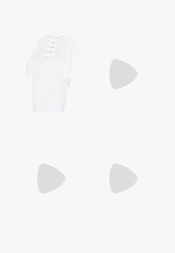 Bele kratke majice s kratkimi rokavi, zložene, narejene iz bombaža. Imajo okroglo ovratnico in raven kroj. Tkanina se zdi gladka brez vzorcev.; Temno modri krojeni hlače z gladko teksturo, ožji ravni kroj in črn pas. Brez vidnih vzorcev ali kovinskih dodatkov.; Beli vezani športni čevlji, ki lebde nad leseno klopjo z zelenim rastlinjem v ozadju, prikazujejo obliko in teksturo čevlja.; Črne in srebrne sončna očala v obliki mačjih oči, z gradientnimi lečami in kovinskimi dodatki na okvirju. Plastične ročke s sivimi konicami.