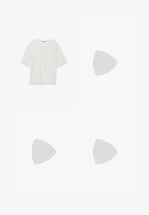 White short-sleeve t-shirt made of soft fabric. Features a rounded neckline and a slightly boxy shape. Smooth texture, minimal detailing.; White wide-leg trousers made of cotton with a textured finish. Features a brown button, pleats, and side pockets.; Navy blue wedge sandal with crossed straps, a textured natural fiber platform, and a gold metallic accent on the base.; Brown leather crossbody bag with a curved shape, gold hardware, and a buckle accent. Features a detachable shoulder strap.