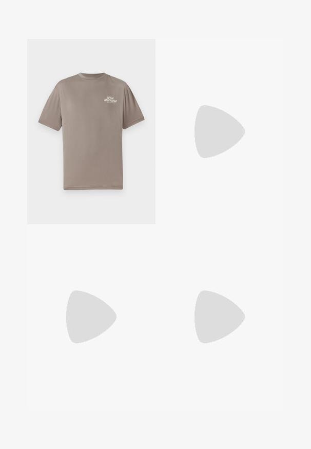 Brown short-sleeve t-shirt made of smooth fabric. Features a small white printed logo on the left chest area and a crew neckline.; Beige sweatpants made of soft fabric, featuring a drawstring waist, flared legs, and angled seams for shape. Small logo accent on side.; Silver and black athletic shoes featuring a mesh upper, cushioned sole, lace-up design, and side branding detail.; White rubber watch with a chunky design, transparent face, and silver accents, worn on a wrist against a dark shirt background.