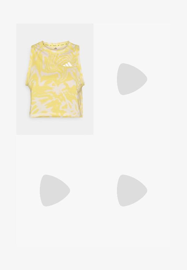 Κίτρινο αμάνικο crop top με αφηρημένο λευκό σχέδιο, στρογγυλή λαιμόκοψη και διακριτική λεπτομέρεια λογότυπου σε λευκό μπροστά. Μαλακή υφή υφάσματος.; Σορτς σε aqua απόχρωση, φτιαγμένα από ελαφρύ ύφασμα, με ελαστική μέση, πλαϊνές τσέπες και ετικέτα στην αριστερή πλευρά.; Ελαφριά αθλητικά παπούτσια με κρεμ δίχτυ επάνω, γκρίζες ρίγες, πράσινη λεπτομέρεια και υφασμάτινη μπλε πίσω στήριξη. Μαύρες κορδόνες.; Τα γυαλιά ηλίου Oakley διαθέτουν μεγάλο, πράσινο καθρέφτη φακό με κοψίματα στην κορυφή, κομψό γωνιακό σχέδιο και πολύχρωμο μεταλλικό σκελετό με μαύρες άκρες.