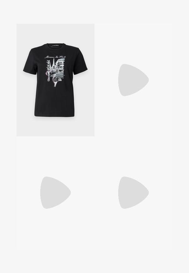 T-shirt in cotone nero con una grafica che rappresenta le strade parigine con una torre, impreziosita da un disegno lineare rosa e bianco. Collo a giro.; Jeans con motivo floreale caratterizzati da uno sfondo blu oltremare scuro con fiori azzurri. Realizzati in denim, con un design a gamba dritta e cinque tasche.; Scarpe slingback nere in pelle con punta affilata, tacco sottile e dettaglio decorativo a fibbia sulla tomaia. Texture liscia e design elegante.; Borsa a righe bianche e nere con una forma strutturata, dotata di manico superiore, tracolla a catena staccabile e dettaglio logo metallico.