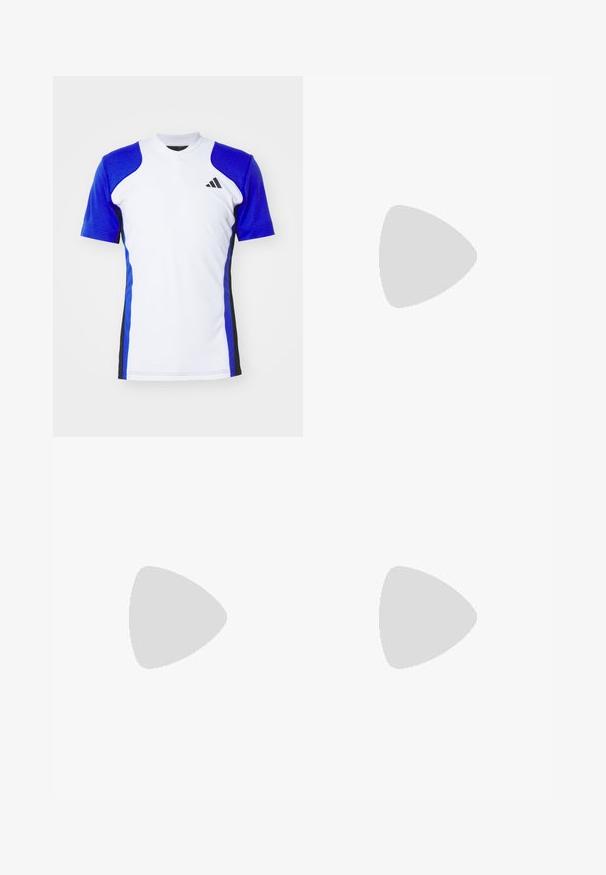 Kurzes Sportshirt in Weiß mit blauen Ärmeln, ausgestattet mit schwarzen seitlichen Akzenten und einem kleinen schwarzen Logo auf der Brust. Glatte Stoffoberfläche.; Hellblaue Sportshorts mit schwarzen seitlichen Akzenten, elastischem Bund und einem orangefarbenen Adidas-Logo. Hergestellt aus glattem, leichtem Stoff.; Leichte Laufschuhe in hellblau mit schwarzen Streifen. Sie verfügen über ein glattes Obermaterial, eine runde Zehenpartie und eine dicke weiße Zwischensohle, die mit "LIGHTSTRIKE PRO" beschriftet ist.; Schwarze Sportsonnenbrille mit grauen Gläsern, geschwungenem Rahmendesign und Logodetail an der Seite. Hergestellt aus leichtem Kunststoffmaterial.