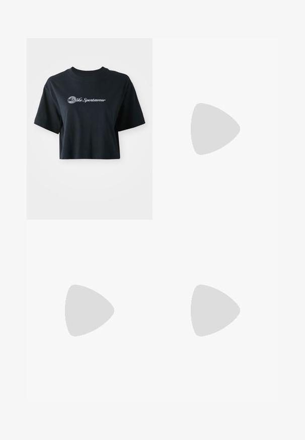 Cropped black cotton t-shirt with short sleeves, featuring white text "Vice Sportswear" and a circular graphic on the front.; Navy blue athletic shorts made of stretch fabric, featuring a high waistband, side pockets, and a white logo in the bottom right corner.; Black athletic shoe featuring mesh upper, rubber sole, and textured accents. Design includes pronounced lacing system and cushioned sole.; White sports sunglasses with a curved design, black rubber accents, and a mirrored orange-yellow lens that transitions to blue.