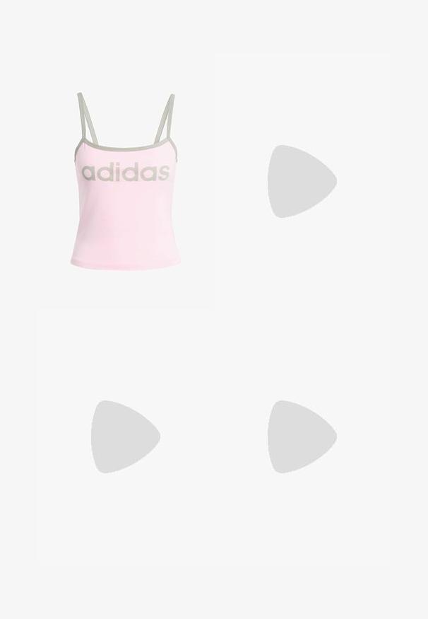 Svetlo roza top brez rokavov z sivo obrobo in nastavljivimi spaghetti naramnicami, ki ima velik, centriran sivi logotip "adidas". Material: bombaž.; Črna nabraná krila z širokim, ravnim pasom. Ima obla obliko in gladko teksturo. Brez vidnih vzorcev ali kovinskih podrobnosti.; Črne usnjene škornje do kolen s širokim zgornjim delom, ki imajo stransko zadrgo in dekorativno sponko, teksturirano površino ter masiven gumijast podplat.; Črna usnjena torba za ramo z zadrgo, ki ima teksturirano telo, belo šivanje in trak s srebrnimi luknjami.
