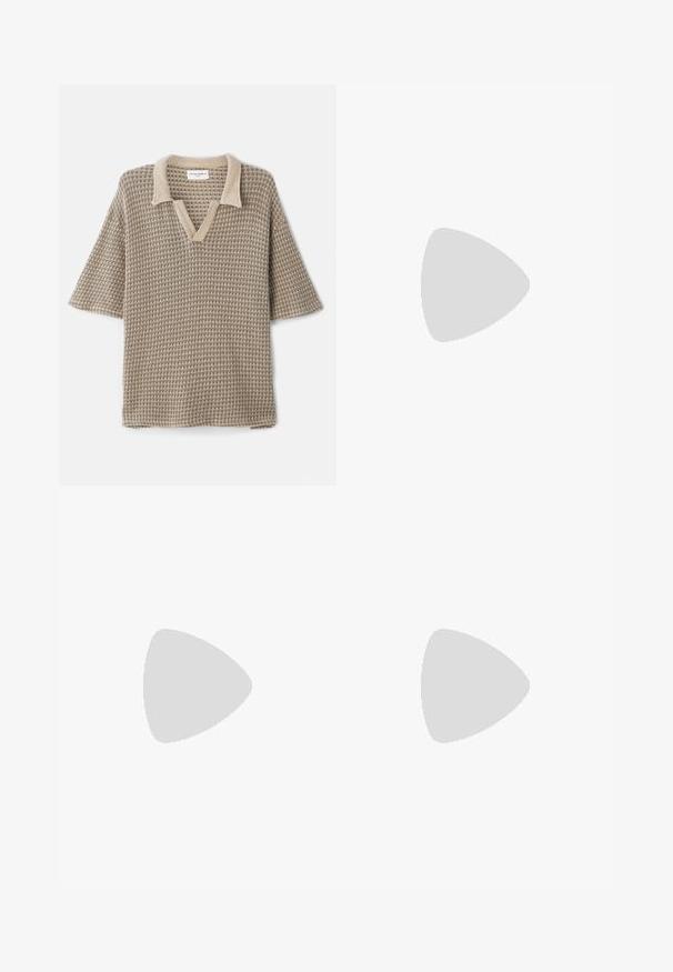 Beige knit polo shirt featuring a V-neck, short sleeves, and a textured pattern with a lighter color collar.; Beige chinos with a smooth cotton blend, featuring a slim fit, flat front, belt loops, and a simple silver buckle in a minimalist design.; Brown leather loafers with a rounded toe, front strap detail, and a low stacked heel. Smooth texture with minimal decorative accents.; Black leather briefcase with dual top handles, a front pocket, and a detachable strap, featuring subtle branding at the bottom.