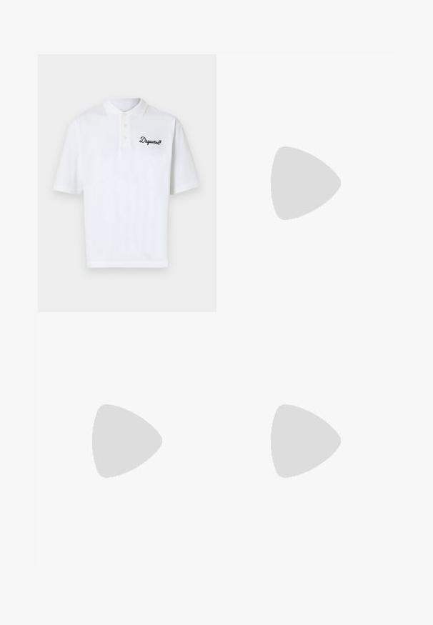 Polo in cotone bianco con colletto classico, tre bottoni e logo "Dsquared2" ricamato in nero sul lato sinistro.; Jeans in denim blu chiaro con una vestibilità rilassata, caratterizzati da un lavaggio sbiadito, gambe dritte, design a cinque tasche e un'etichetta rossa in vita.; Sneaker in pelle texturizzata marrone scuro con lacci davanti e suola in gomma bianca rigata su uno sfondo chiaro semplice.; Sciarpa beige con logo "ARMANI" in marrone. Forma rettangolare con una texture morbida e bordi frangiati. Design minimalista, materiale di alta qualità.