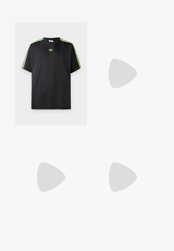 Black T-shirt made of smooth fabric with a crew neckline, featuring three green stripes on the shoulders and a small green logo on the chest.; Desigual LANDSCAPE - Trousers - white; Brown and blue plaid wide-leg trousers paired with white shoes featuring black accents and textured soles, set against a green background.; Black fabric crossbody bag with a zipper closure, featuring a white Adidas logo and a striped adjustable strap for easy carrying.