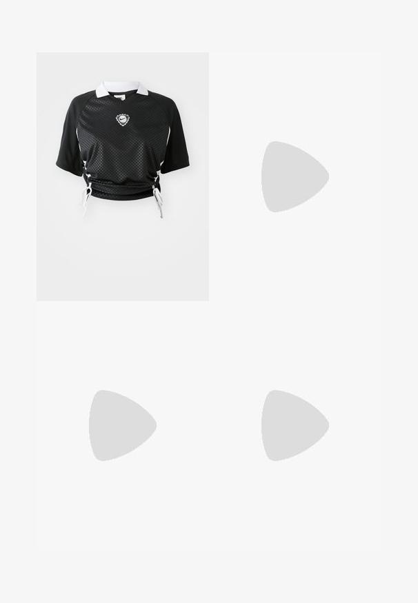 Juodas trumpas sportinis marškinėlis su trumpomis rankovėmis, baltu apykakle, languota raštu, reguliuojamu virvutės apačia ir logotipu ant krūtinės.; Bordo plačios kelnės iš lygios medžiagos su elastine juosta ir baltomis šoninėmis juostelėmis. Kairiajame šlaunyje yra mažas Nike logotipas.; Juodas odinis sportinis batelis su siuvinėtu dizainu, apvaliu pirštu, raištelių užsegimu ir guminėmis padangomis. Pusėje yra subtilus prekės ženklas.; Juodas Nike maišelis su užtrauktuku, tekstūruota medžiaga, rudi akcentai ir nuimamas diržas. Priekyje matomas ryškus Nike logotipas.