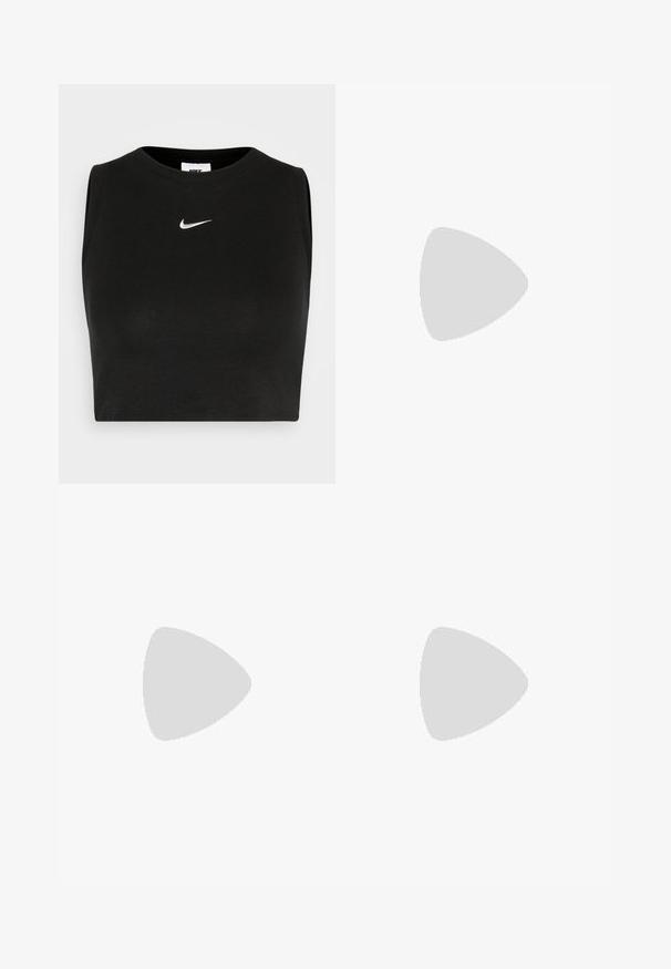 Top cropped preto sem mangas, feito de material canelado, com um decote redondo e um pequeno logo branco da Nike no peito.; Calções com estampado floral em tons de rosa e laranja, com uma cintura elástica e design plissado. Feitos de um tecido leve, apresentam um pequeno detalhe lateral.; Sapatilha de couro branca com biqueira perfurada, sola texturizada e atacadores brancos, combinada com calças largas vermelhas e um fundo azul e amarelo.; Óculos de sol de tartaruga com armações ovais e lentes verdes. Caracterizam-se por hastes finas com um destaque metálico perto das dobradiças.; Saco crossbody preto em nylon com alça ajustável, apresentando um logotipo branco em destaque. Usado sobre uma t-shirt azul clara. Design simples e funcional.