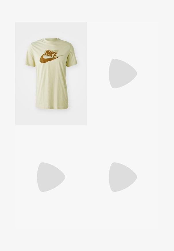 Lichtgele katoenen t-shirt met een versleten bruine Nike-logo over de voorkant. Standaard ronde hals en korte mouwen.; Grijze joggingsbroek van een katoenmix, met een elastische tailleband, taps toelopende pijpen en verdfste naden. Eenvoudig ontwerp zonder patronen.; Lichtblauwe sneakers met tan kleurige zolen, uitgerust met opvallende turquoise veters en gele accenten. Textuurmaterialen en zichtbare luchtkussens.; Bruine nylon schoudertas in halve maanvorm, met ritsclosure, verstelbare schouderband en een klein wit logo aan de zijkant.