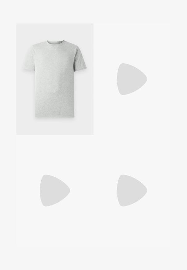 Lys grå kortermet T-skjorte med rund hals vist på hvit bakgrunn, frontvinkel uten synlige logoer eller design.; Grønn flanellskjorte med rutete mønster som har blå, hvite og sennepsgule linjer. Knapper foran og spiss krage. Lange ermer.; Lys blå denimjeans med høy midje, rett ben-design, fem lommer, og subtil falming for et brukt utseende.; Canvas sneakers i off-white med rund tå, med beige gummisåler og fem hull for lisser, strukturert finish på overdelen.