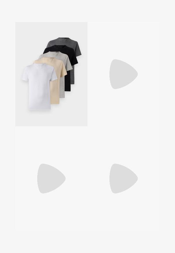 Ensemble de cinq t-shirts à manches courtes en blanc, beige, gris clair, gris foncé et noir. Fabriqués en coton doux, présentant un design à col rond.; Jeans slim fit bleu foncé avec cinq poches, une fermeture à bouton et un tissu denim robuste. Présente un design classique et des coutures minimales.; Des chaussures en cuir marron présentent un bout arrondi, un laçage à cinq œillets et des lacets sombres contrastés. Le pantalon est à carreaux, retroussé aux poignets.; Lunettes de soleil en plastique marron avec des verres foncés, de forme arrondie et branches effilées. Ornementation notable sur les branches.