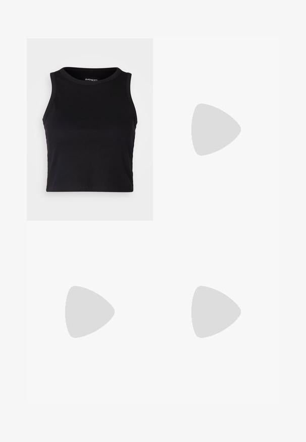 Black ribbed crop tank top with a round neckline and sleeveless design. Made from soft, stretchy fabric, featuring clean hemmed edges.; Even&Odd by Zalando RIB TINY SHORTS 2 PACK - Shorts - black; Black high-top sneakers with white laces, a white logo, and contrasting white stitching. Features a thick white sole and textured suede upper.; Metal-framed sunglasses with oval green lenses. Thin silver metal frame and black ear tips. Minimalist design, no visible logos.