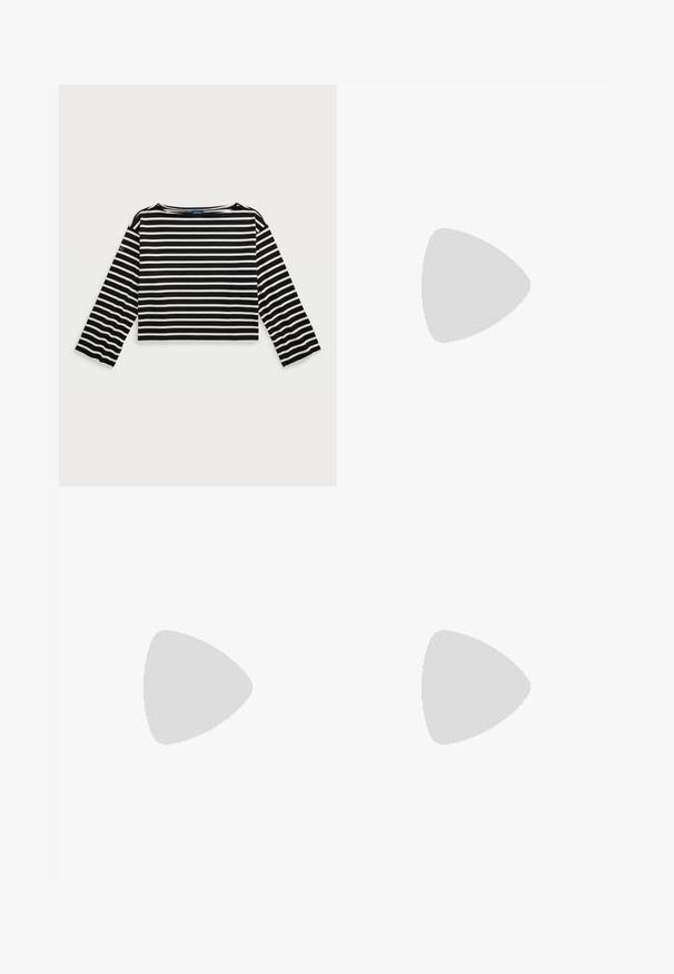 Crna i bijela prugasta dugokrajna crop majica s okruglim izrezom. Ima mekan materijal i logotip na lijevom rukavu.; Crne korduske hlače s visokim strukom, širokim nogavicama i jednim preklopom sprijeda. Glatka tekstura s vertikalnim rebrastim uzorkom.; Crne kožne cipele s zaobljenim nosom, debelim gumeni potplat i niskom blok petom. Imaju plave vezice i suptilne smeđe akcentne detalje na gornjem dijelu.; Crna kožna torba preko ramena s dva prednja džepa, zlatnim kopčama, zatvaranjem na zip i uskim remenom. Teksturirana površina i kompaktan pravokutan oblik.