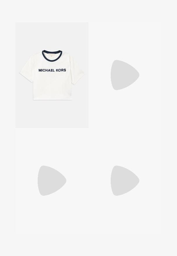 Cropped white t-shirt with navy neckline, featuring "MICHAEL KORS" printed in navy. Made from soft cotton with short sleeves.; High-waisted blue denim jeans with a flared leg. Features five pockets and a front button closure. Stitching detail along seams.; Black leather slingback shoe with pointed toe, small heel, and decorative buckle detail on the upper. Smooth texture, minimalistic design.; Black leather crossbody bag with two front pockets, gold buckles, zipper closure, and a slim strap. Textured surface and compact rectangular shape.