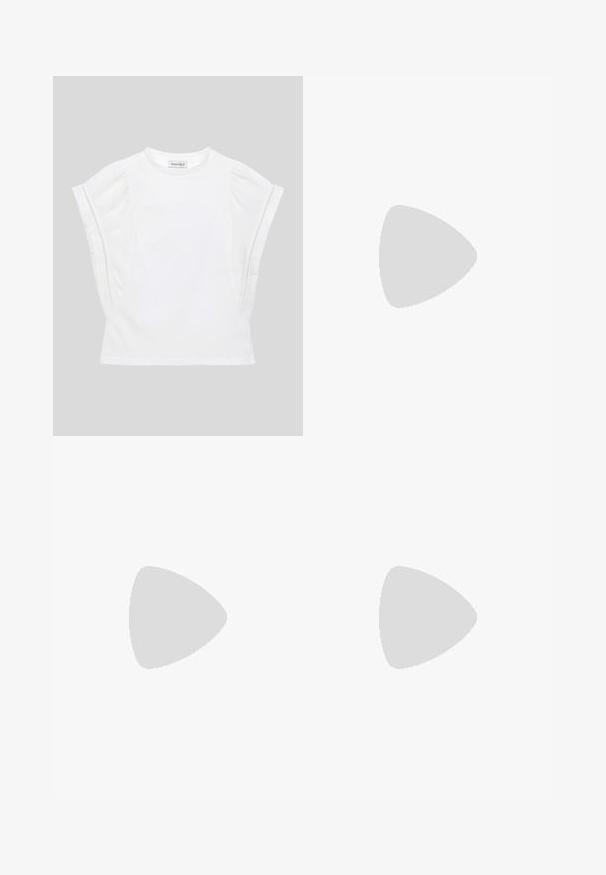 White cotton short-sleeve top with pleated sides and a round neckline, featuring subtle lace trim along the sleeves.; Black leggings with a high waist, featuring a one-legged design; made from smooth, stretchy fabric suitable for active wear.; White high-heeled shoe in smooth material with pointed toe and ankle strap. Features a light tan interior and gold-tone hardware accent.; Black leather clutch bag with a gold chain strap, featuring a smooth texture, rectangular shape, and embossed branding on the front.; Silver hoop earrings adorned with multiple clear crystal embellishments, featuring a textured surface and an open circular design.