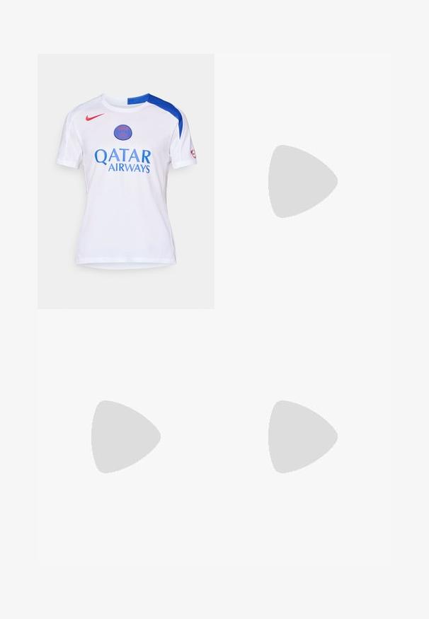 White athletic jersey with blue accents on the shoulders, featuring "QATAR AIRWAYS" logo in blue and a red Nike swoosh on the left.; Light blue denim jeans with straight leg design, featuring a mid-rise waist, five pockets, and a button and zipper closure.; White high-top sneakers with brown accents and a patterned midsole, paired with fitted brown joggers on a green surface.; Three-layered silver metal necklace featuring sleek, flexible chains with a slight sheen, secured with a lobster clasp and adjustable chain.
