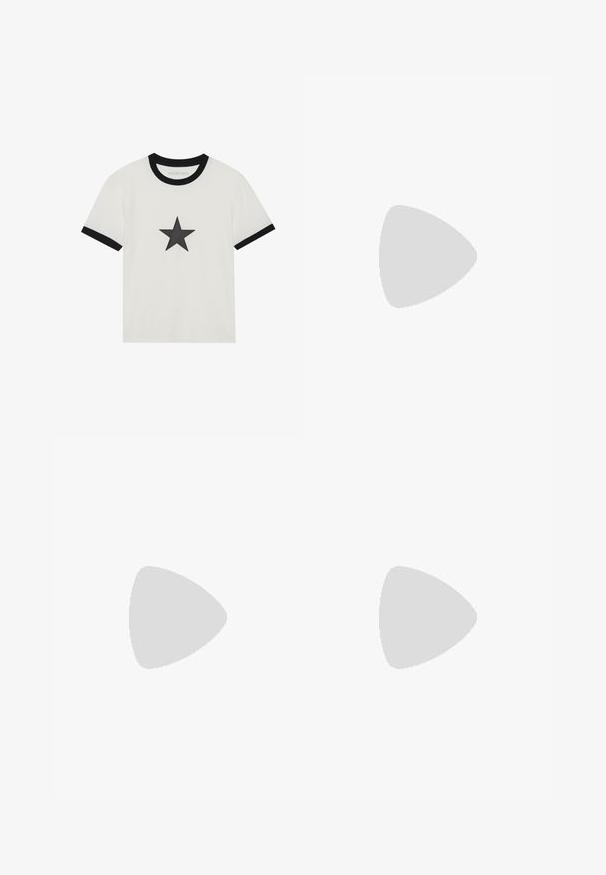 Camiseta blanca con cuello y puños de manga en negro; presenta un gráfico de estrella negra en el centro frontal. Material de algodón suave.; Jeans de mezclilla azul con un diseño de pierna recta, con un lavado desgastado, cinco bolsillos y un cierre de botón de metal en la cinturilla.; Zapato de cuero negro con punta redondeada y cuatro ojetes. Presenta una suela texturizada y un interior naranja. Colocado sobre un fondo amarillo.; Bolsa de viaje de cuero marrón con cierre de cremallera, doble asa, correa de hombro ajustable y patrones de textura visibles en la superficie.