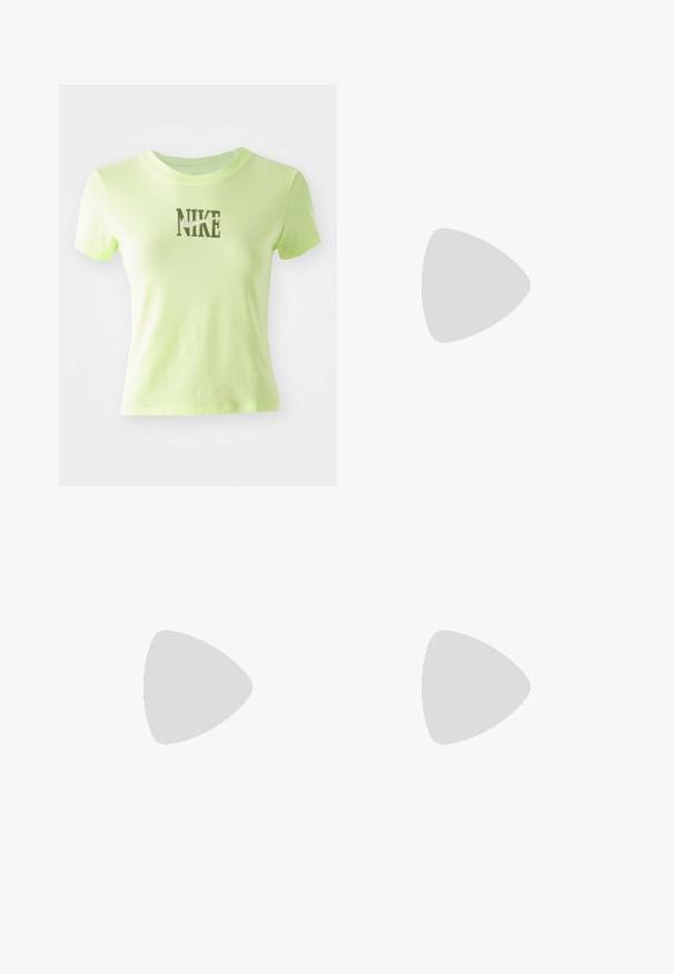 Gaiši zaļa īsām piedurknēm t-krekls, izgatavots no kokvilnas, ar izteiktu tumši zaļu izšuvumu "NIKE" logotipu. Gluda tekstūra, apaļais kakla izgriezums.; Zaļa bikses ar melniem sānu paneļiem, elastīga josta un aukliņa. Uz kreisā kājā ir neliels melns logo. Mīksta auduma tekstūra.; Melna āda un sintētiska materiāla sporta apavi ar baltu Nike logo, gumijas zole, apaļa purngala forma un melni šņores. Redzamas ribotas baltas zeķes.; Melnā Nike soma ar rāvējslēdzēju, teksturēta auduma, ar brūnām akcentiem un noņemamu siksnu. Priekšpusē ir izcelta Nike logo.