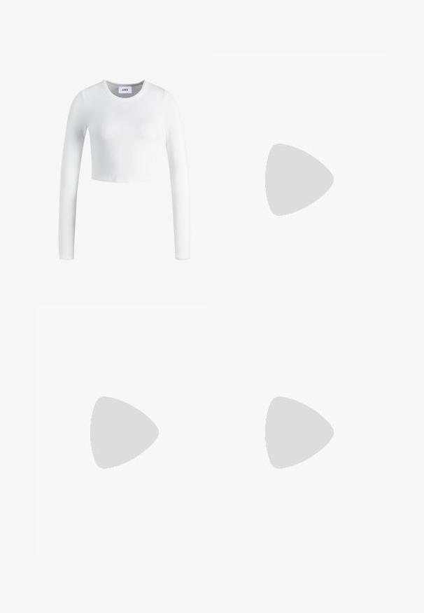 Vit långärmad crop top i ribbat tyg. Har rund halsringning och en åtsittande design. Etikett synlig inuti vid nacken.; Cargo-byxor i olivgrön bomull. Funktioner inkluderar sidofickor, en cargoficka på benet, rak passform och robust sömnad.; Vita lädersneakers med perforerat tåparti, texturerad sula och vita snören, kombinerat med vida röda byxor och en blå och gul bakgrund.; Svart kattögon-solglasögon med mörkgrå linser, slimmad plastbåge, spetsiga hörn och raka skalmar. Ingen synlig hårdvara eller accenter.
