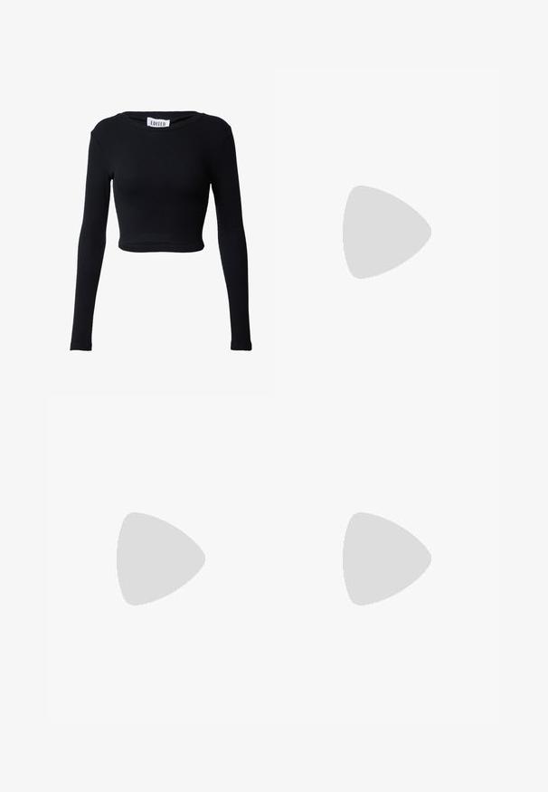 Zwarte, verkorte, langmouwige top van ribstof. Heeft een ronde halslijn en een aansluitend ontwerp, met naadloze randen. Etiket zegt "EDITED."; Strak, strapless jurk gemaakt van textuur, lichtgrijze stof met een geometrisch, spijkerachtig patroon. Glad bovenrand.; Zwarte leren hoge hak pump met een puntige neus en een slanke stilettohak, met een gladde textuur en een minimalistisch ontwerp.; Schildpad zonnebril met oversized rechthoekige monturen, gradient lenzen en gouden logo accent op de arm. Glad plastic materiaal.; Mango Armband - gold-coloured