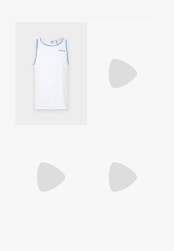White sleeveless athletic tank top made of mesh fabric, featuring blue accents on the neckline and armholes, with an Adidas logo in blue.; White athletic shorts with red side stripes, elastic waistband, and blue logo. Smooth fabric and mid-thigh length design.; White leather sneakers with grey suede toe cap, three horizontal white stripes, blue accent, and brown rubber outsole. Textured detail on the sole.; Black oval sunglasses with dark lenses, thick frames, and silver dot accents on the sides. Smooth plastic material, contemporary design.
