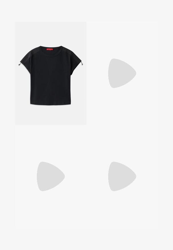 Black cropped t-shirt with round neck. Features soft fabric with satin panels on shoulders and drawstring details at the sleeves.; Black wide-leg cargo pants with a smooth texture, featuring two front pockets and two large cargo pockets on the sides.; Black leather ballet flats with a pointed toe and a side strap featuring a circular gold accent. Lightweight with a flat sole.; Black leather clutch bag with a soft, textured finish. Features a flap closure and a thin, detachable shoulder strap. Decorative stitching accents.